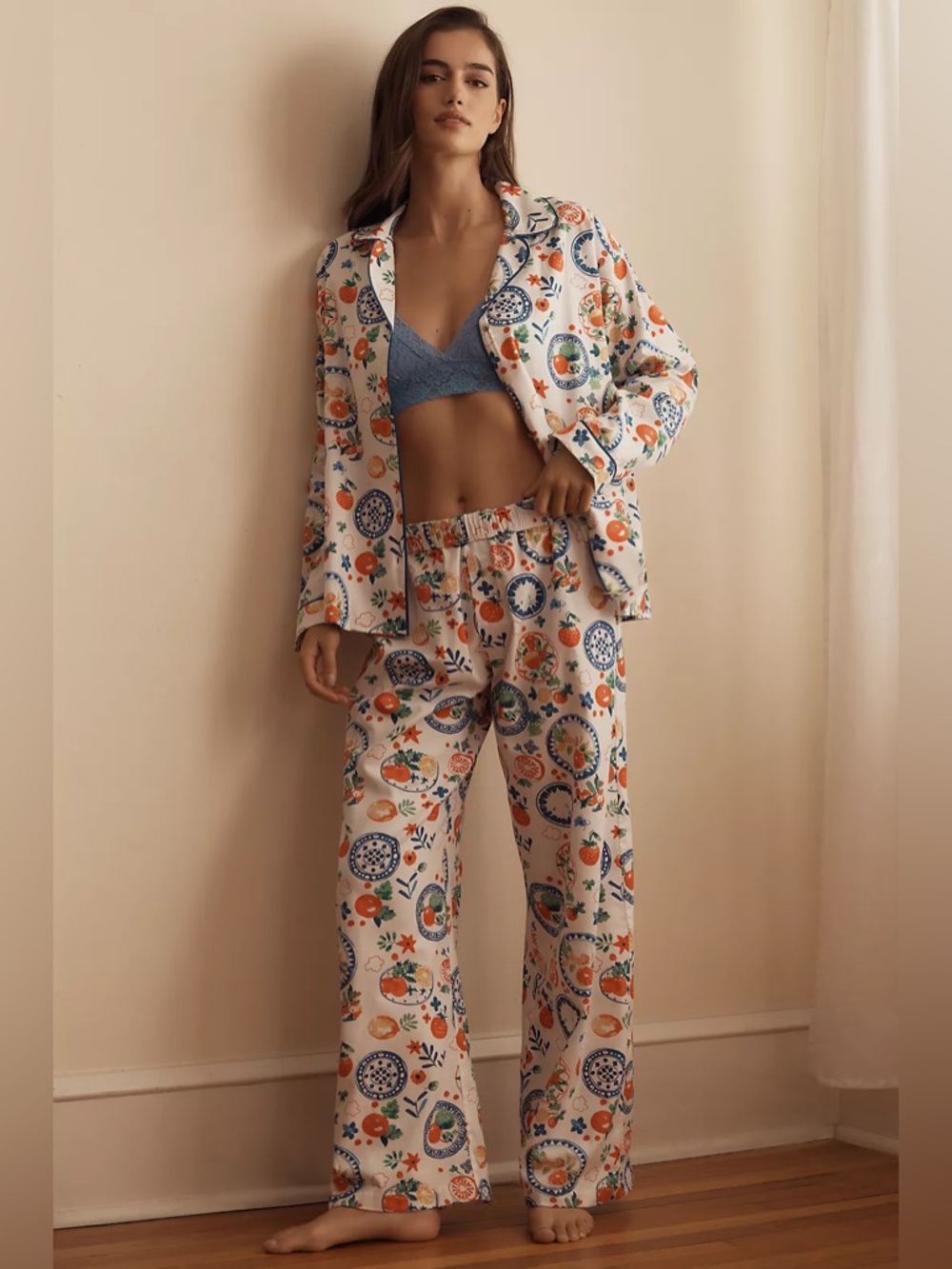 New Anthropologie Lyrebird Cloud Flannel Long Sleeve Pajama Set Citrus Fruit